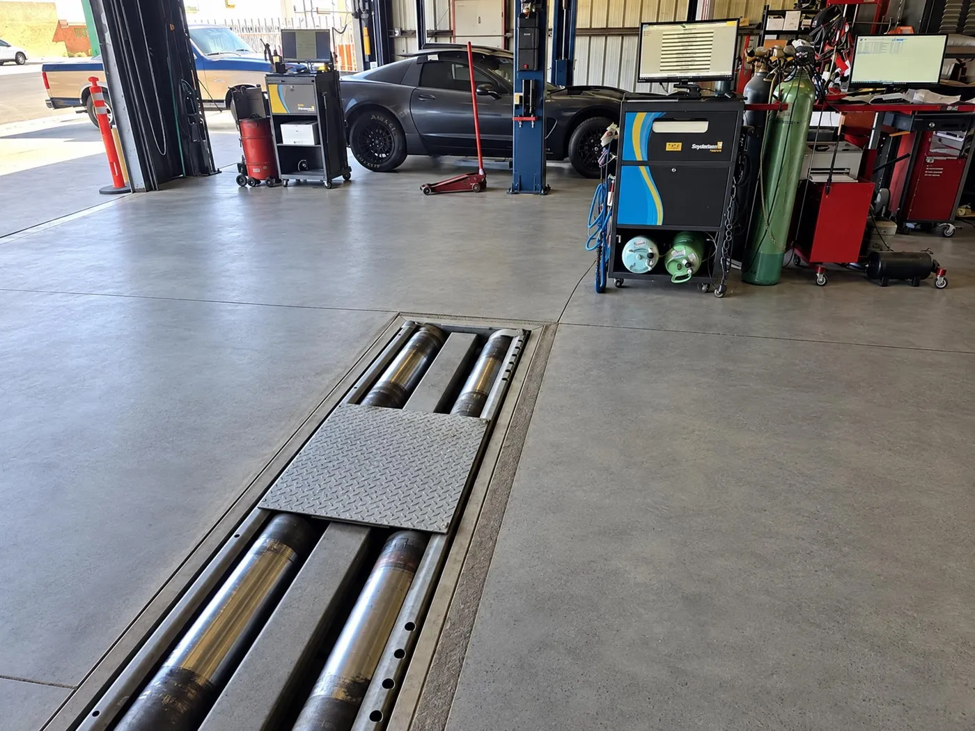 In-ground test rollers inside the shop bay