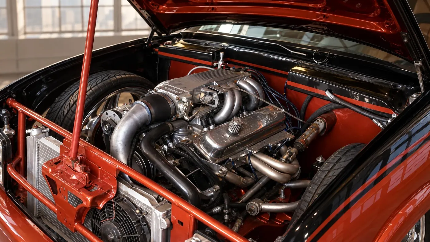 Open engine bay of a classic red car